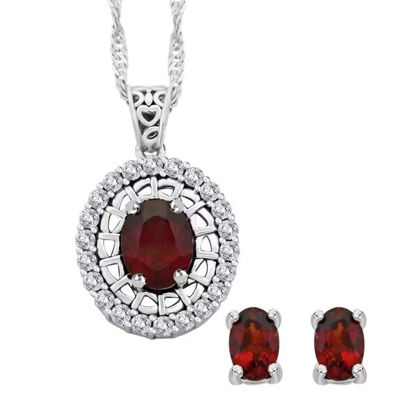 Jewelry - Simulated Garnet and Faux Diamond Earrings & Pendant Necklace Set in Silvertone
